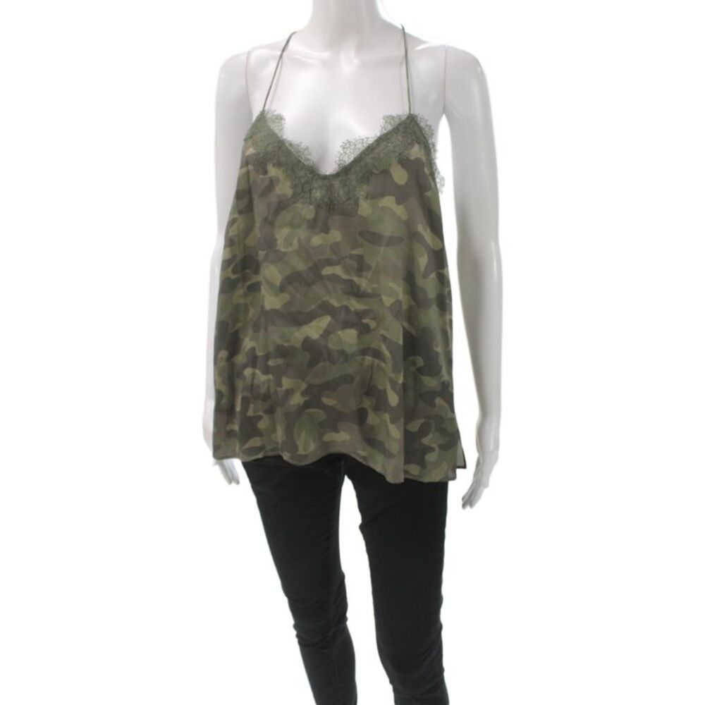 Cami Women Silk V-Neck Camouflage Tank Sleeveless Green Size M